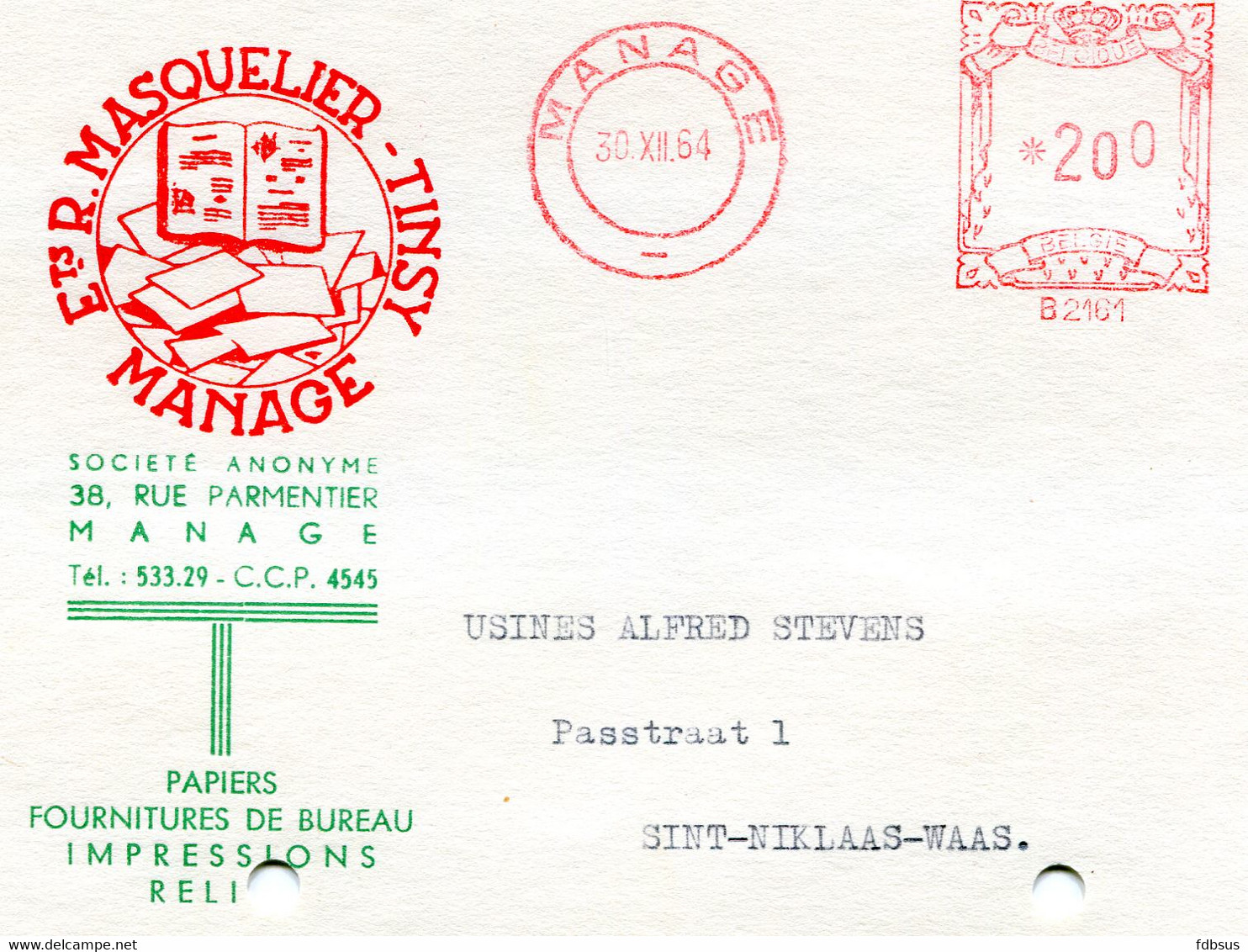 1959/64  5 Kaarten Ets R. MASQUELIER -TINSY Sa Manage - Papiers Impressions - Gefr. 1.50 + 2 Fr - ...-1959