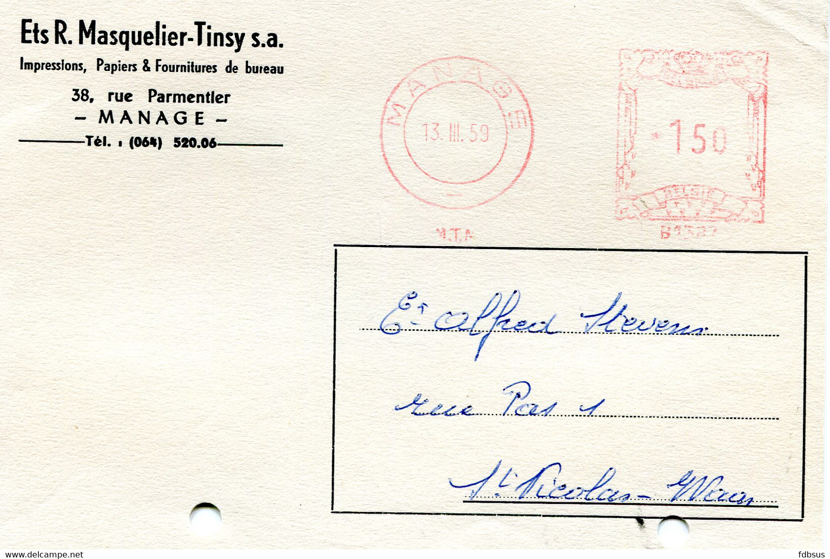 1959/64  5 Kaarten Ets R. MASQUELIER -TINSY Sa Manage - Papiers Impressions - Gefr. 1.50 + 2 Fr - ...-1959