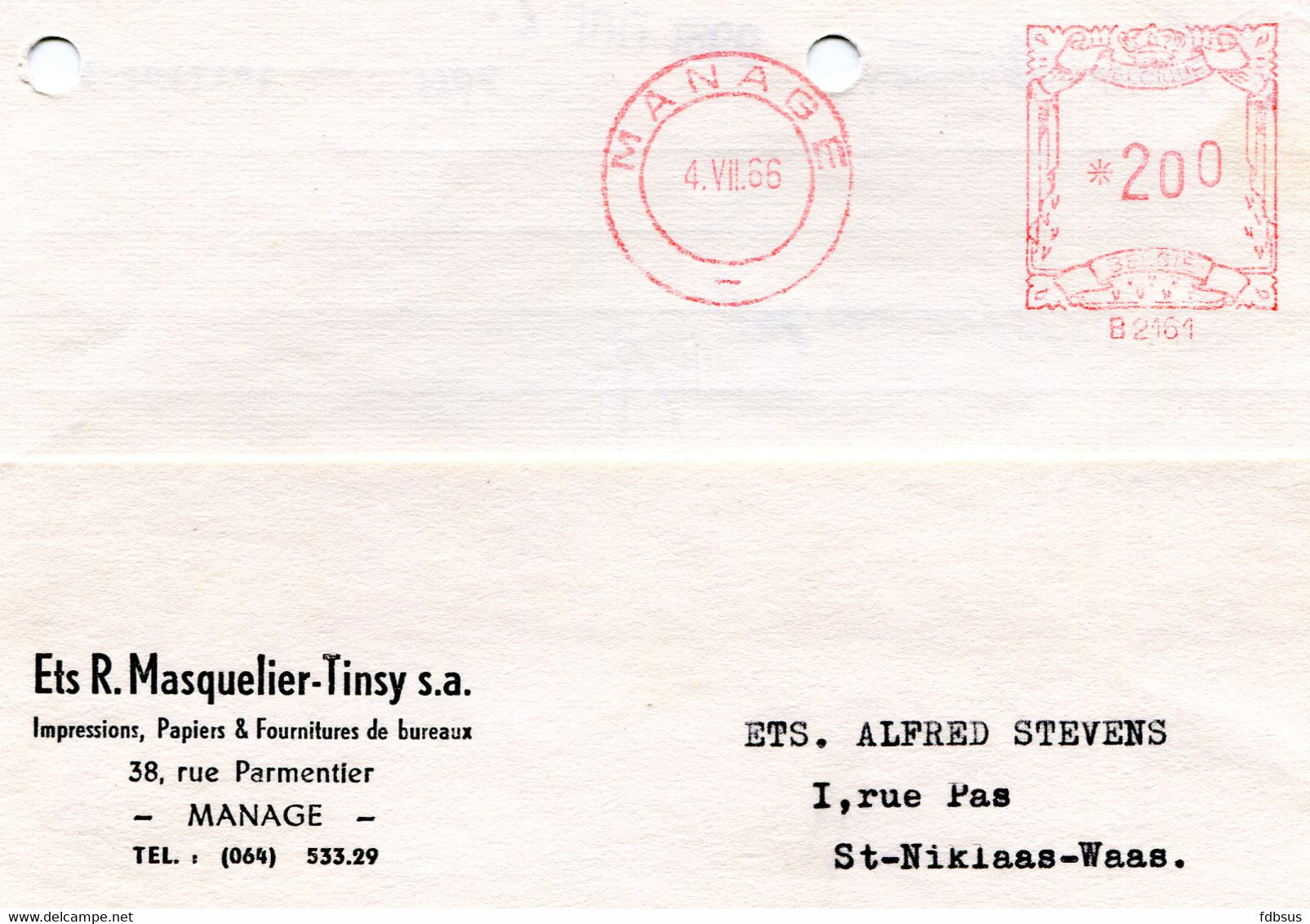 1959/64  5 Kaarten Ets R. MASQUELIER -TINSY Sa Manage - Papiers Impressions - Gefr. 1.50 + 2 Fr - ...-1959