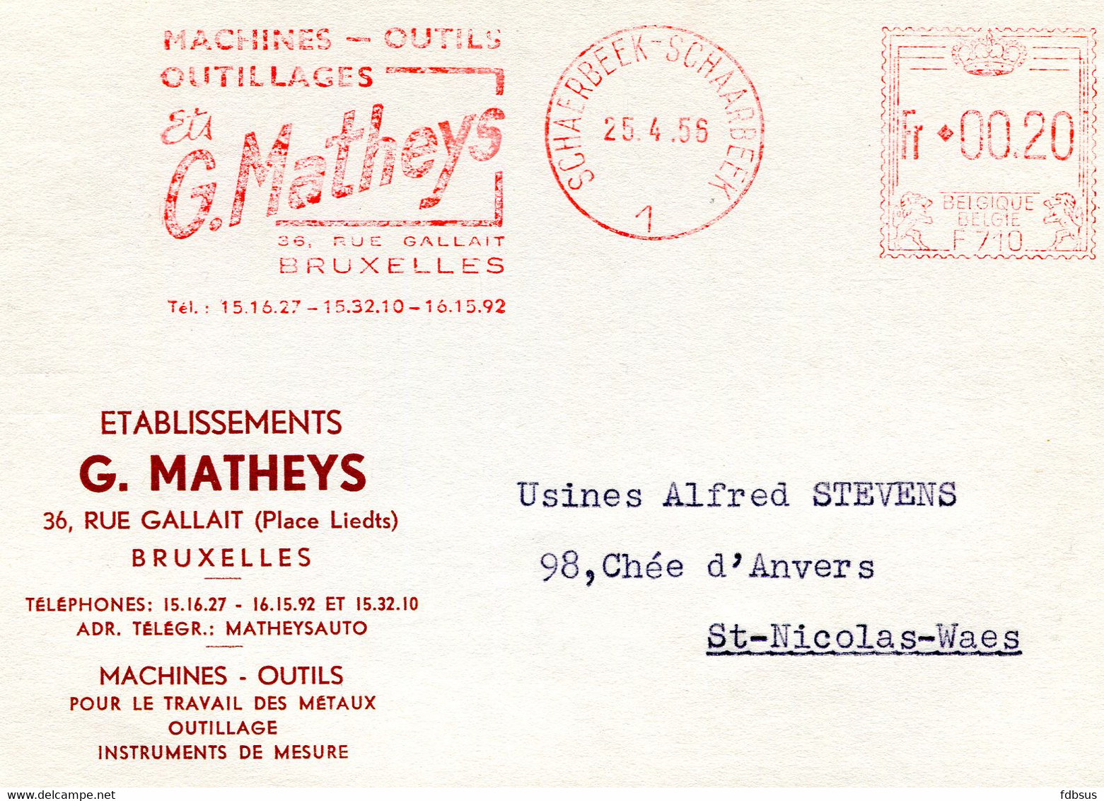 1956 Kaart Ets G. MATHEYS Bruxelles Machines Outils Instruments - Stempel Schaarbeek 1 Gefr. Fr 00.20 - ...-1959