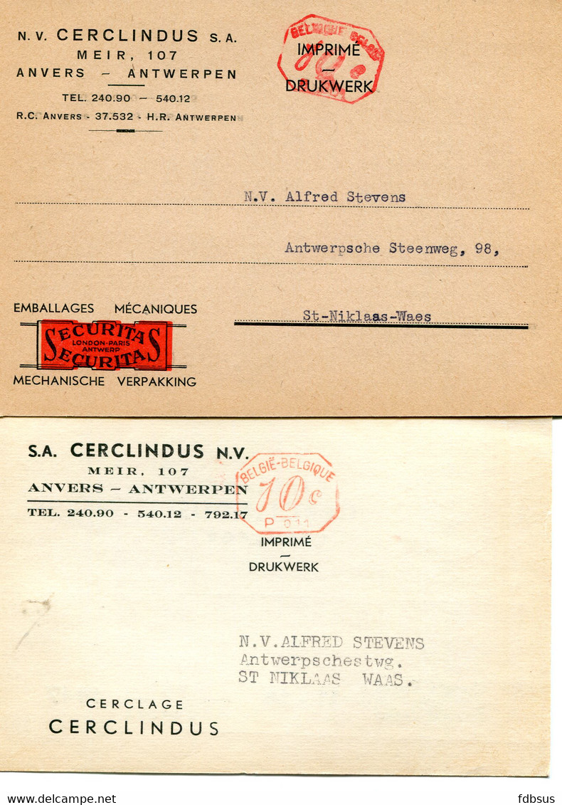 1943/47 2 Kaarten CERCLINDUS NV Meir Antwerpen - Cerclage - Securitas Mechanische Verpakking - Gefr. 10c - ...-1959