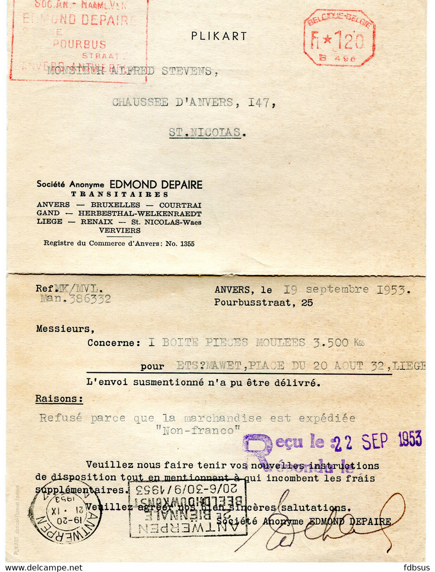 1942/55 3 Kaarten Van EDMOND DEPAIRE NV Verzenders Antwerpen - Gefr. 0.50 + 1.20 Fr - 1960-79