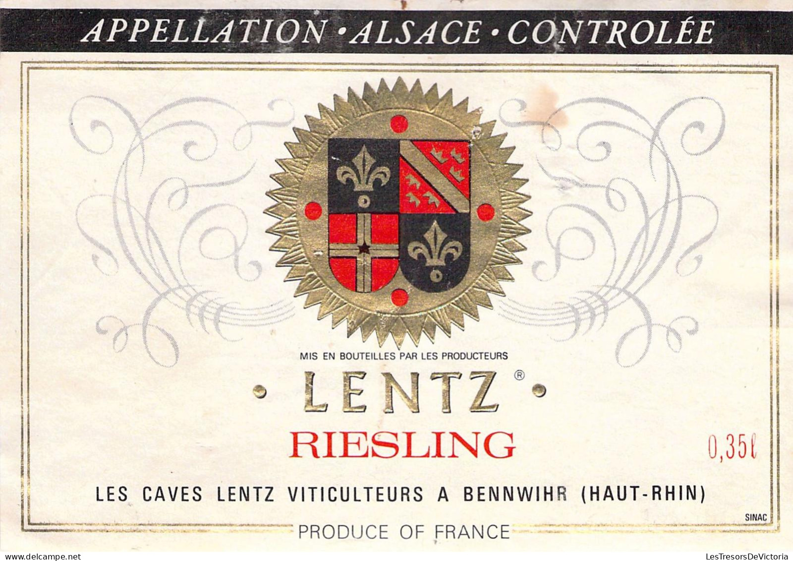 Etiquette Appelation Alsace Controlée - Riesling - Lentz - Bennwihr - Riesling