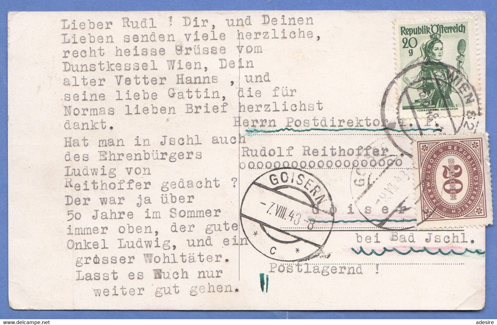 ÖSTERREICH NACHPORTO 1948 - 20 Gro Nachporto + 20 Gro Zusatzfrankierung Auf Ak Künstlerkarte Gel.v.Wien > Goisern Bei .. - Abarten & Kuriositäten