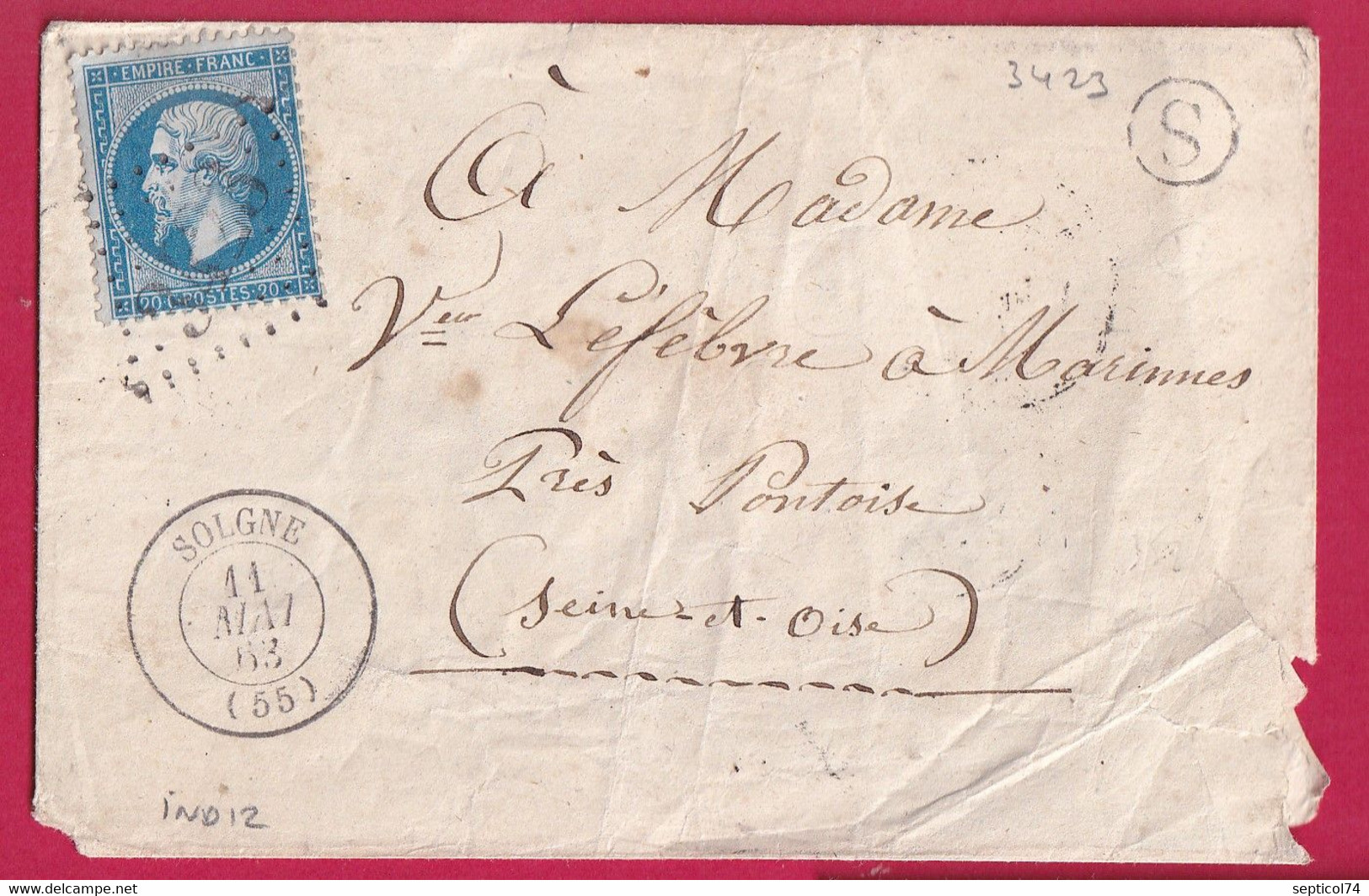 N°22 GC 3423 SOLGNE MOSELLE BOITE RURALE S POUR PONTOISE LETTRE COVER FRANCE - 1849-1876: Classic Period