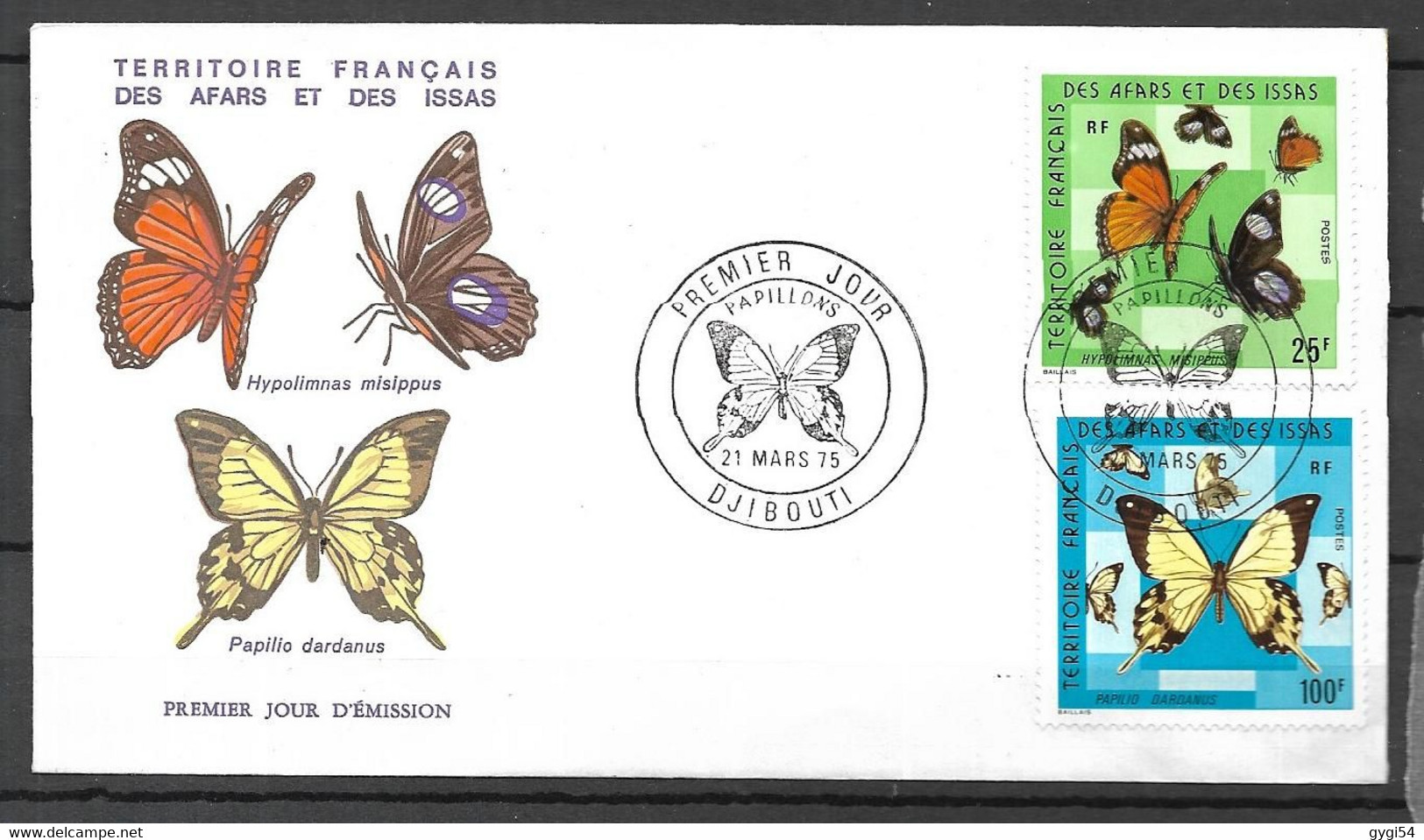 Territoire Des AFARS Et ISSAS Papillons FDC  21 MARS 1975 - Lettres & Documents