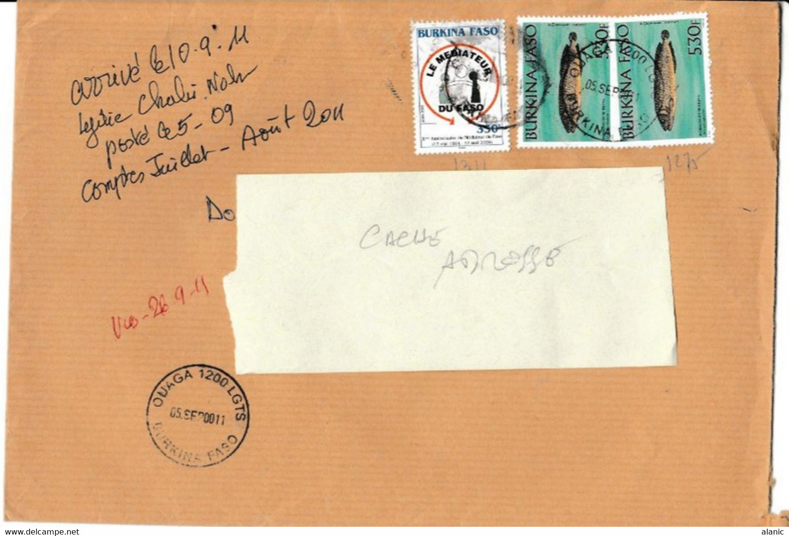 BURKINA FASO-Lettre Du 5  Septembre 2011 De OUAGA  Pour La FRANCE N°1275 X2 & N°1311  (THEMATIQUE!) - Burkina Faso (1984-...)