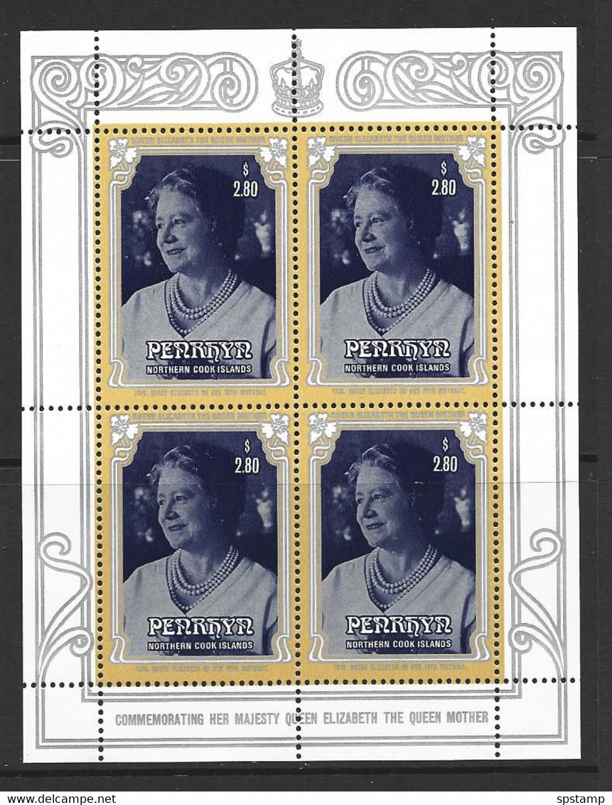 Penrhyn Island 1985 Queen Mother $2.80 Sheet Of 4 MNH - Penrhyn
