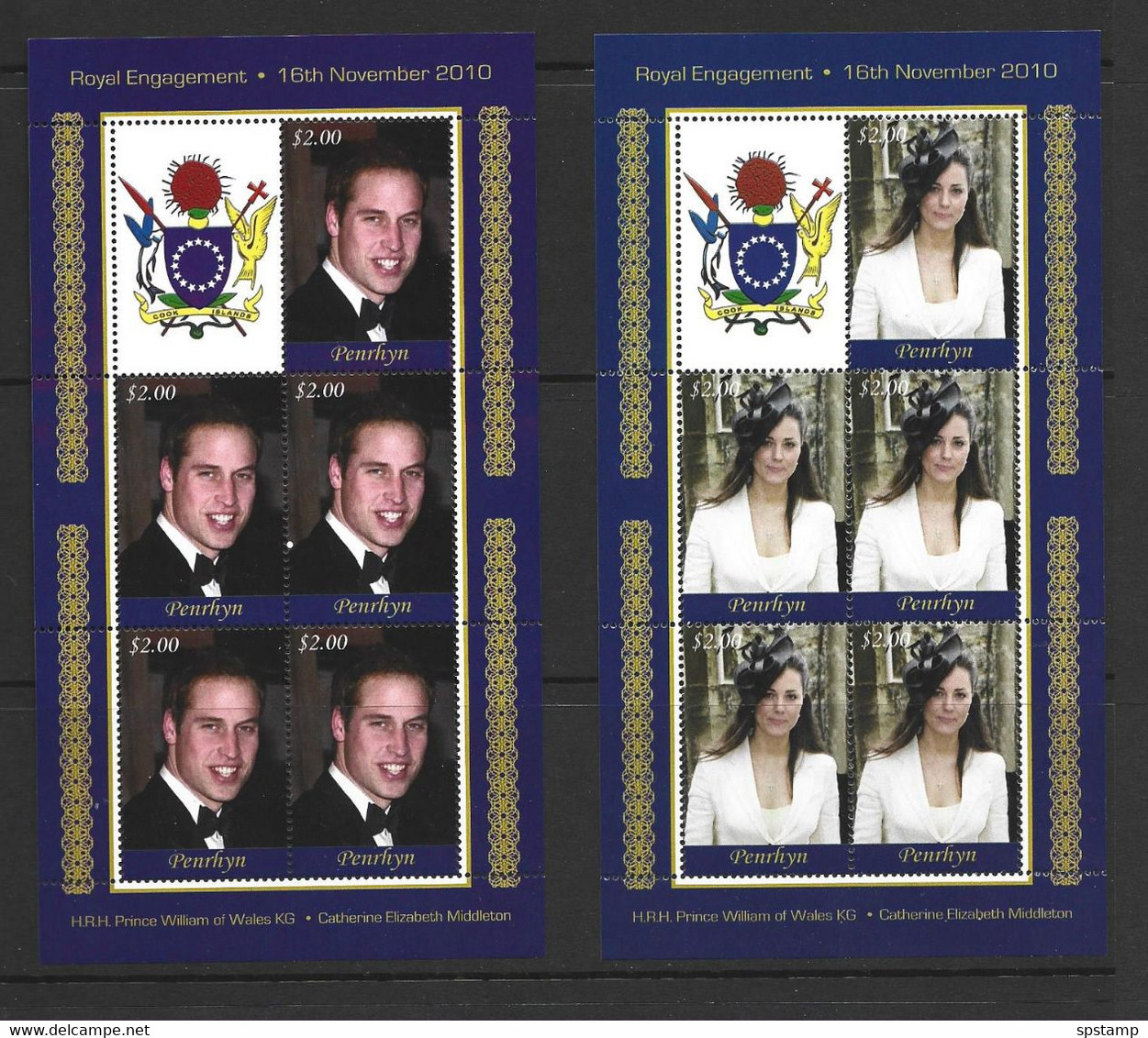 Penrhyn Island 2011 Prince William & Kate Royal Engagement Pair Of Sheets Of 5 X $2 With Label MNH - Penrhyn