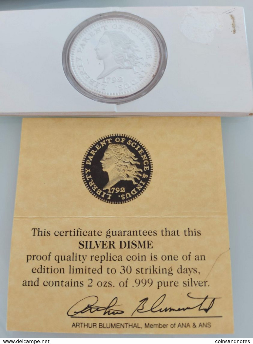 USA - ‘America's Rarest Coins’ 2 Oz Silver Disme - Replica - COA - Collections