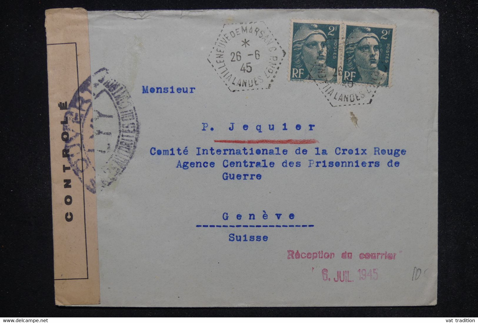 FRANCE - Enveloppe De Villeneuve De Marsan Pour La Croix Rouge De Genève En 1945 Avec Contrôle Postal - L 122132 - 1921-1960: Moderne