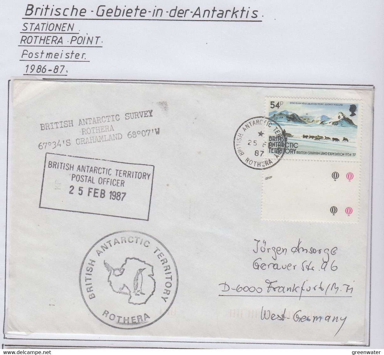 British Antarctic Territory (BAT) 1987  Cover Ca Postal Officer BAT  Ca Rothera 25 FE 87 (RH153) - FDC