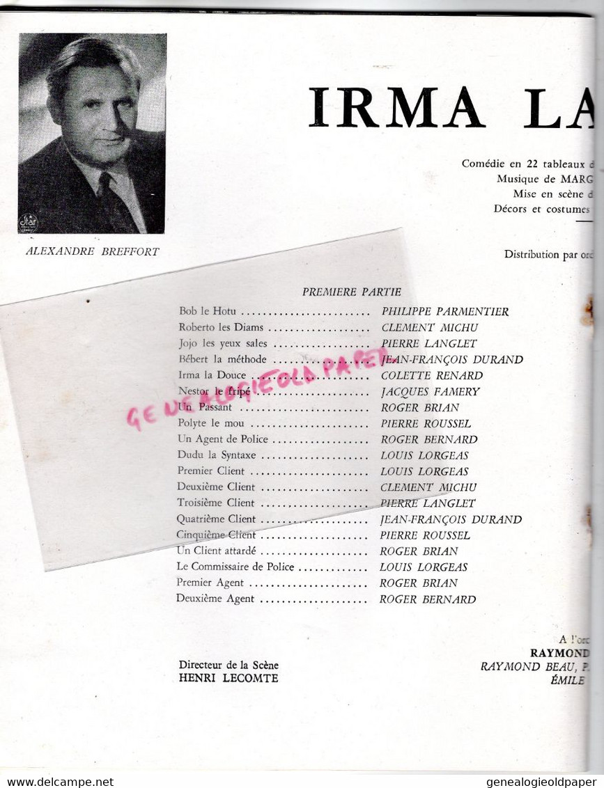 75- PARIS- PROGRAMME IRMA LA DOUCE-LUMBROSO -GILLES WATTEAUX-JEAN CLAIRJOIS-LUBIN-ANDRE HAMBOURG-COLETTE RENARD-DAUM-7!