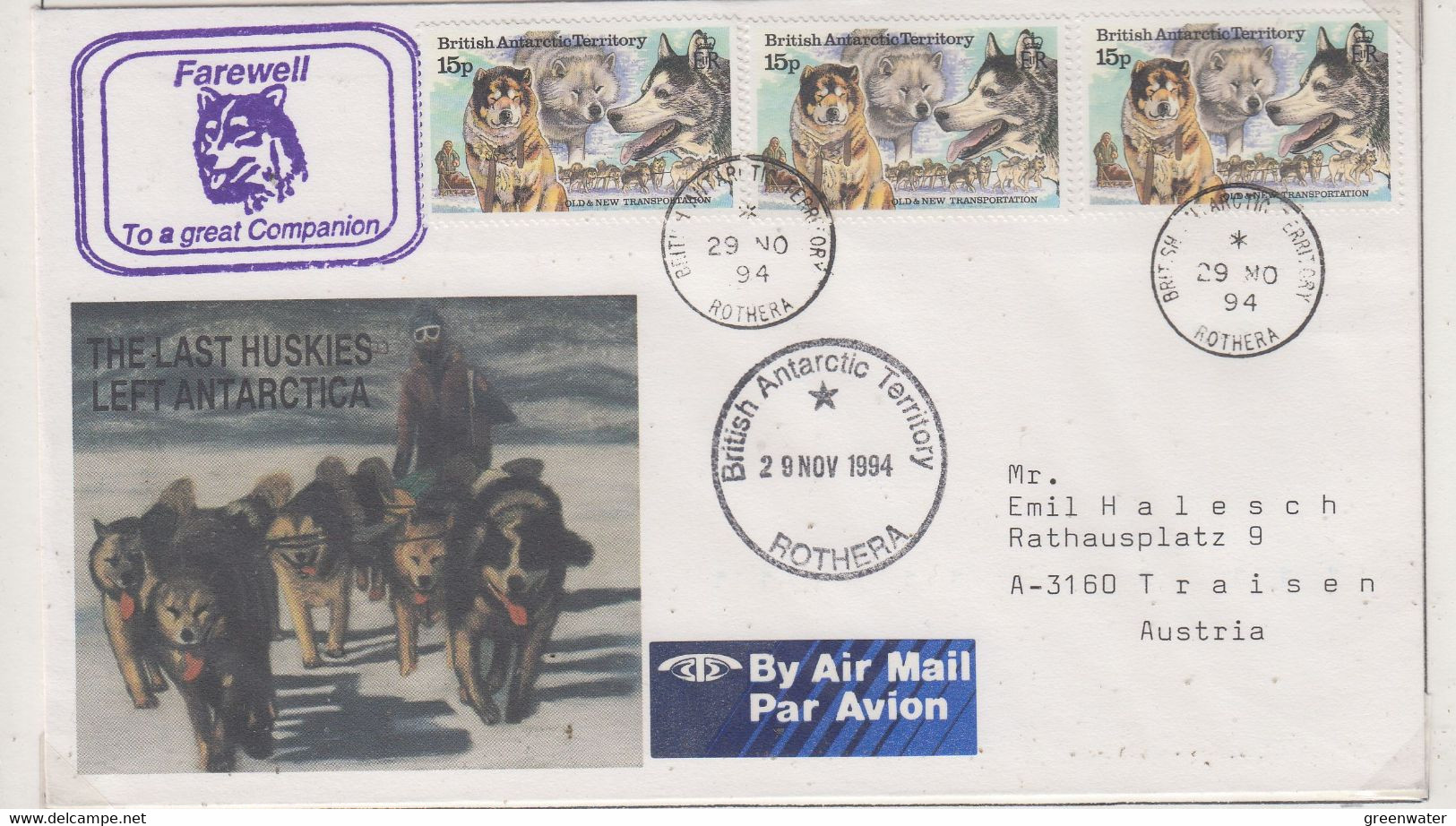 British Antarctic Territory (BAT) 1994 Cover "the Last Huskies" Ca Rothera 29 NO 1994 (RH154A) - FDC