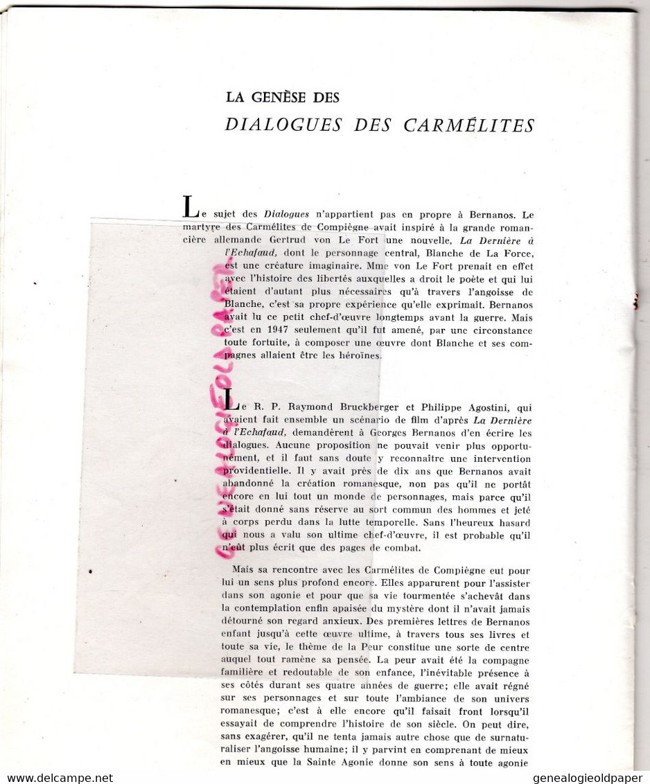 75- PARIS- PROGRAMME DIALOGUES DES CARMELITES-1957-ELYSEES PRODUCTIONS-BERNANOS-THEATRE HEBERTOT-JEAN DELAZ-COUSSOLE-