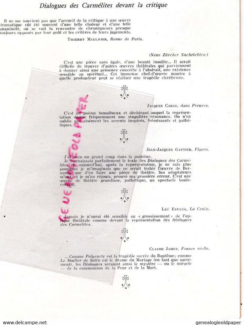 75- PARIS- PROGRAMME DIALOGUES DES CARMELITES-1957-ELYSEES PRODUCTIONS-BERNANOS-THEATRE HEBERTOT-JEAN DELAZ-COUSSOLE-