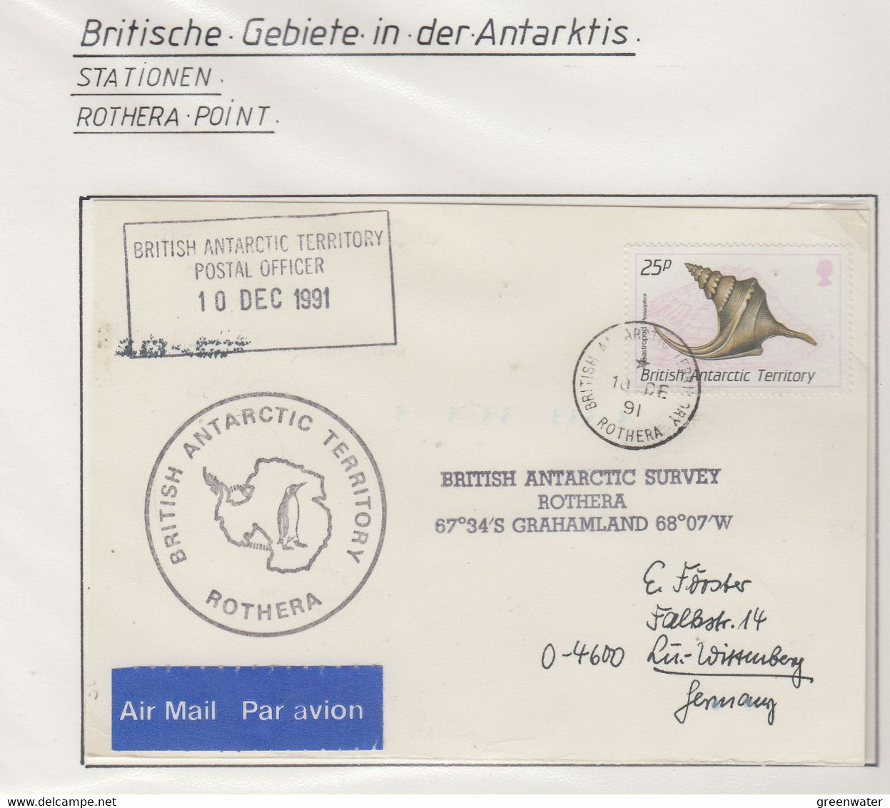 British Antarctic Territory (BAT) 1991 Cover Ca Postal Officer BAT Ca Rothera 10 DE 1991 (RH154B) - FDC
