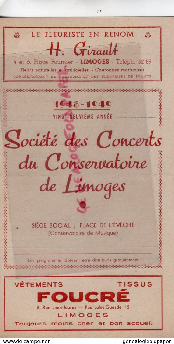 87- LIMOGES -PROGRAMME SOCIETE CONCERTS CONSERVATOIRE-1948-SALLE BERLIOZ-JEANNE MARIE DARRE-PIERRE LEPETIT - Programs