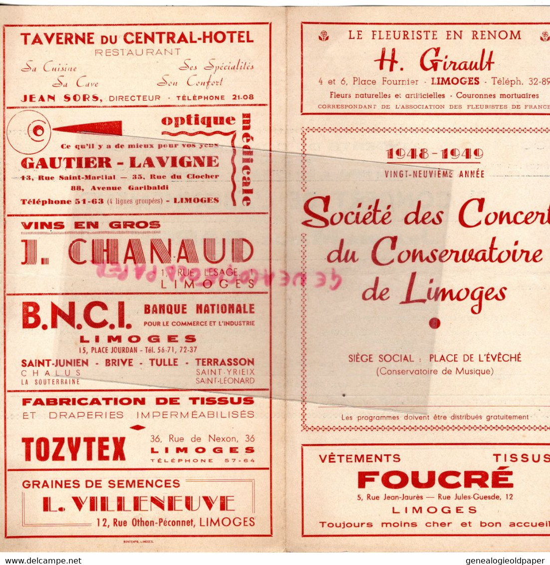 87- LIMOGES -PROGRAMME SOCIETE CONCERTS CONSERVATOIRE-1948-SALLE BERLIOZ-JEANNE MARIE DARRE-PIERRE LEPETIT - Programmes