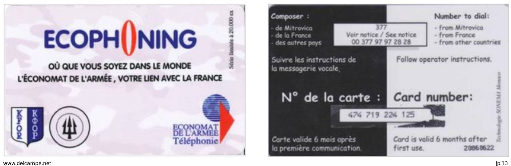 Carte Prépayée - France - Ecophoning - Ecophoning KFOR - Trident Logo (Pink), Tirage 20000 Ex. - Military Phonecards
