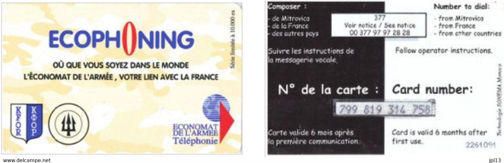 Carte Prépayée - France - Ecophoning - Ecophoning KFOR - Trident Logo (yellow), Tirage 10000 Ex. -  Schede Ad Uso Militare