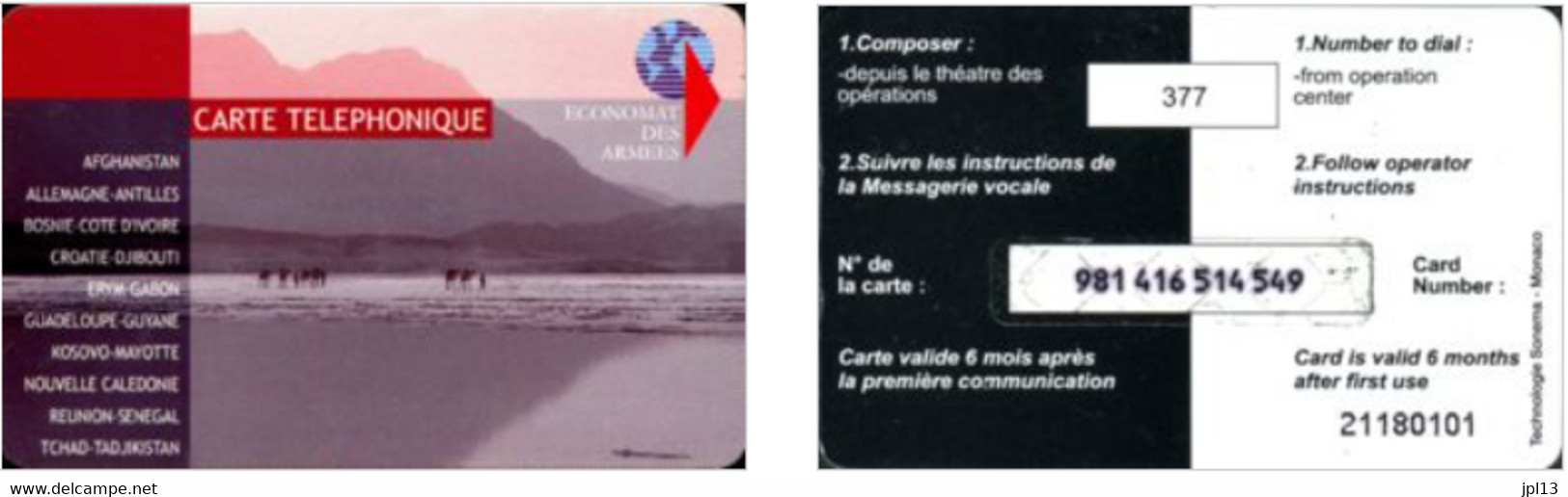 Carte Prépayée - France - Economat Des Armées - Carte Téléphonique (camels & Mountains) - Reverse 1 - Military Phonecards