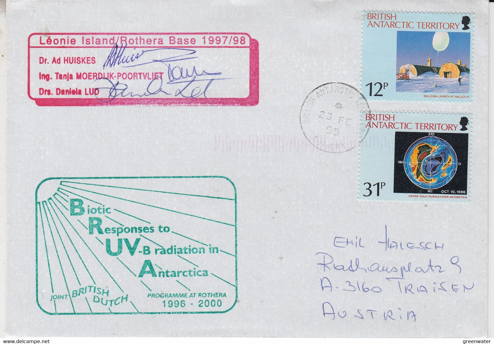 British Antarctic Territory (BAT) 1996 Léonie Island/Rothera Base  Dutch Ant.3 Signatures Ca Rothera  23/-/1996 (RH156) - Lettres & Documents