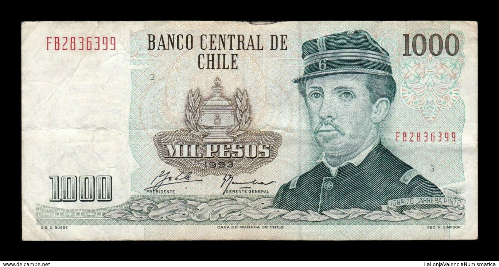 Chile 1000 Pesos Ignacio Carrera Pinto 1993 Pick 154e MBC- AVF - Cile