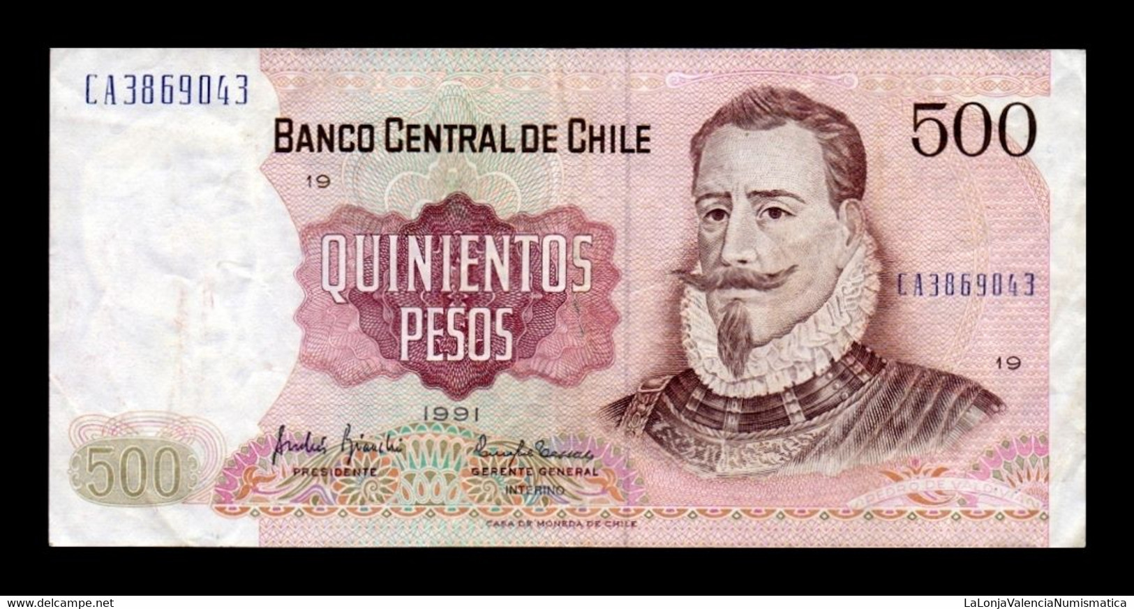 Chile 500 Pesos Pedro De Valdivia 1991 Pick 153c MBC VF - Chile