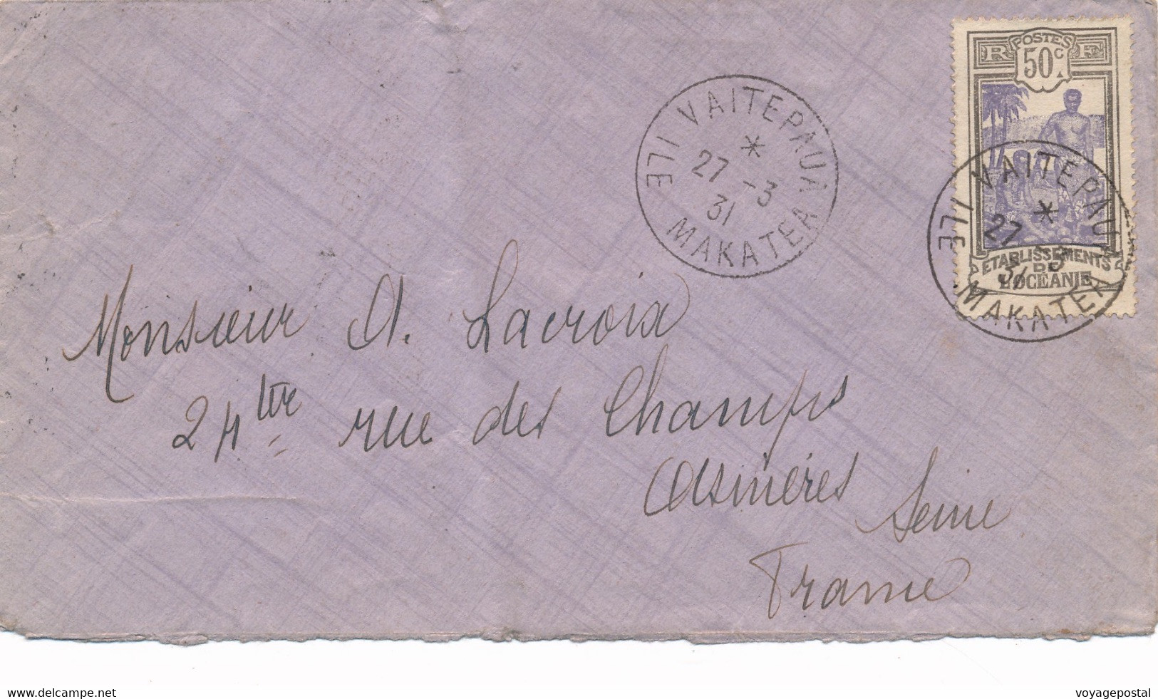 LETTRE OCÉANIE VAITEPAUA ILE MAKATEA POUR AMIENS VIA PAPEETE TAHITI COVER OCEANIA - Covers & Documents