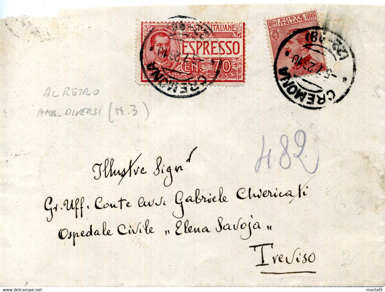 1926 Busta Per TREVISO Da CREMONA Con ANNULLI AMBULANTI AL VERSO - Poststempel