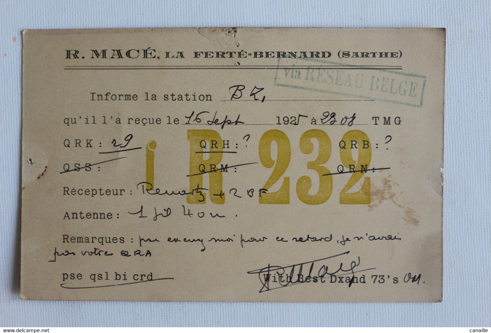 S-L 50 / Cartes QSL - France  Radio Amateur, -i R 232-  France - La Ferté-Bernard (Sarthe) / 1925 - Radio Amateur