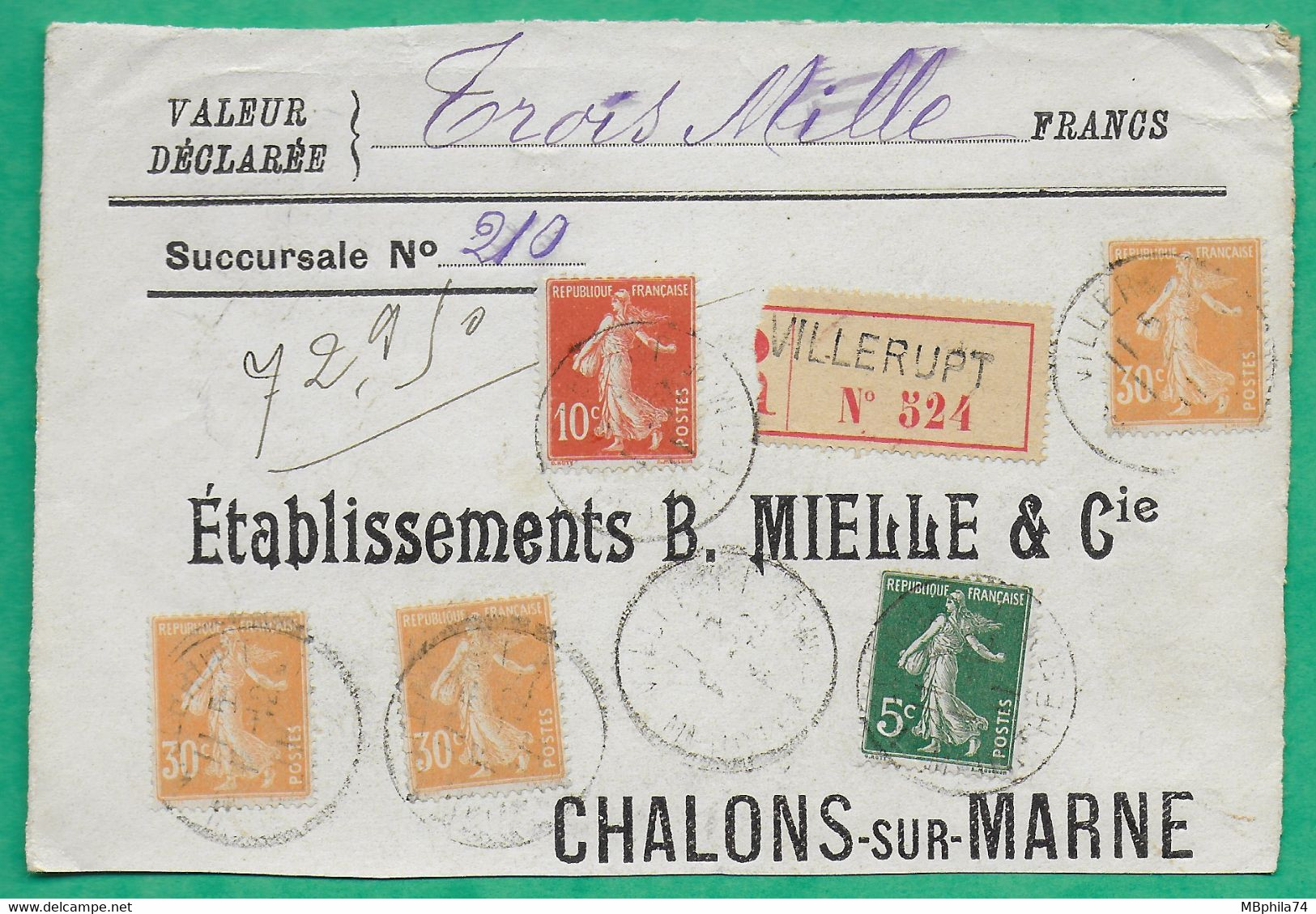 N°137 + 138 + 141 X3 SEMEUSE RECOMMANDE VILLERUPT MEURTHE ET MOSELLE POUR CHALONS SUR MARNE DEVANT DE LETTRE 1911 - 1877-1920: Semi-moderne Periode