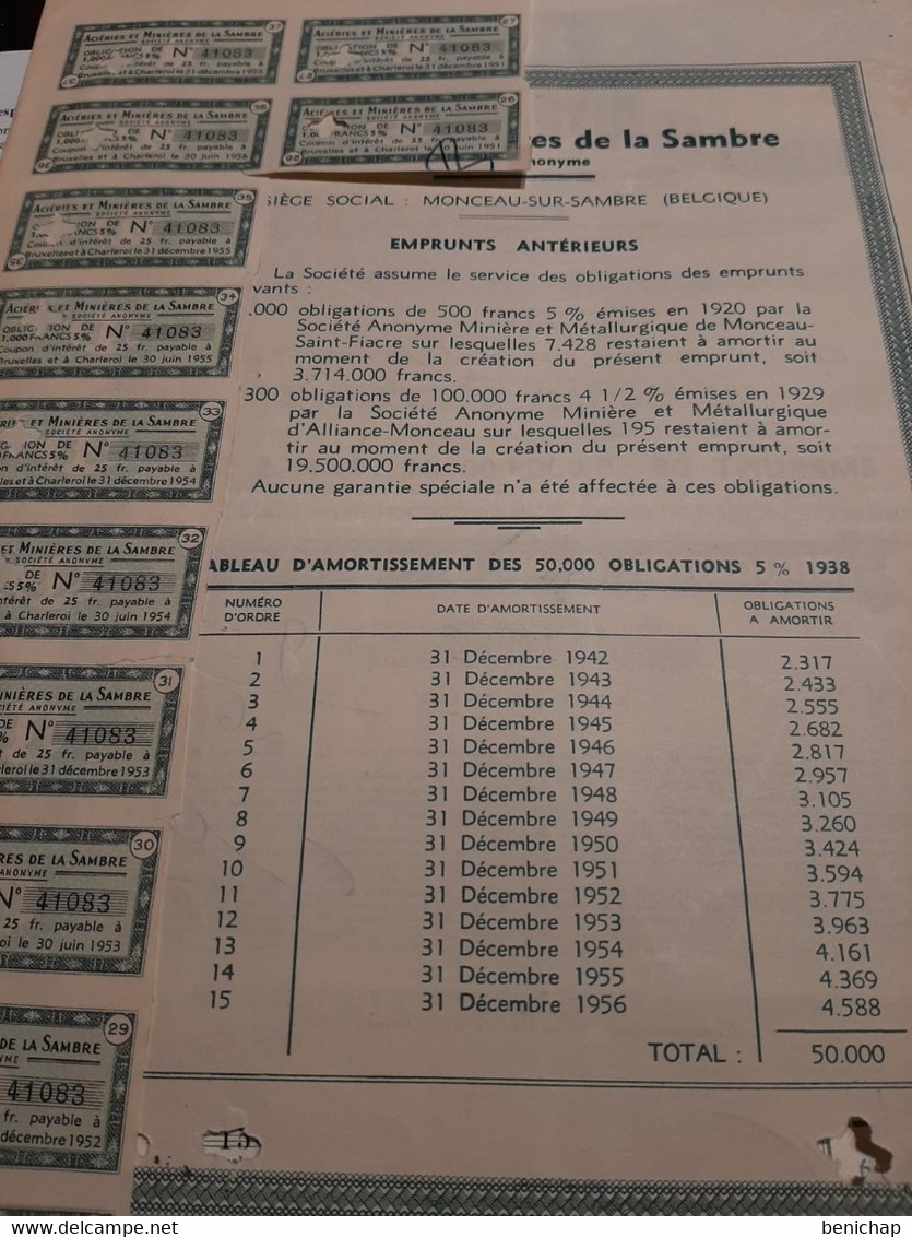 Aciéries Et Minières De La Sambre - Obligation De 1000 Frs - Monceau-sur-Sambre Juin 1938. - Industrie