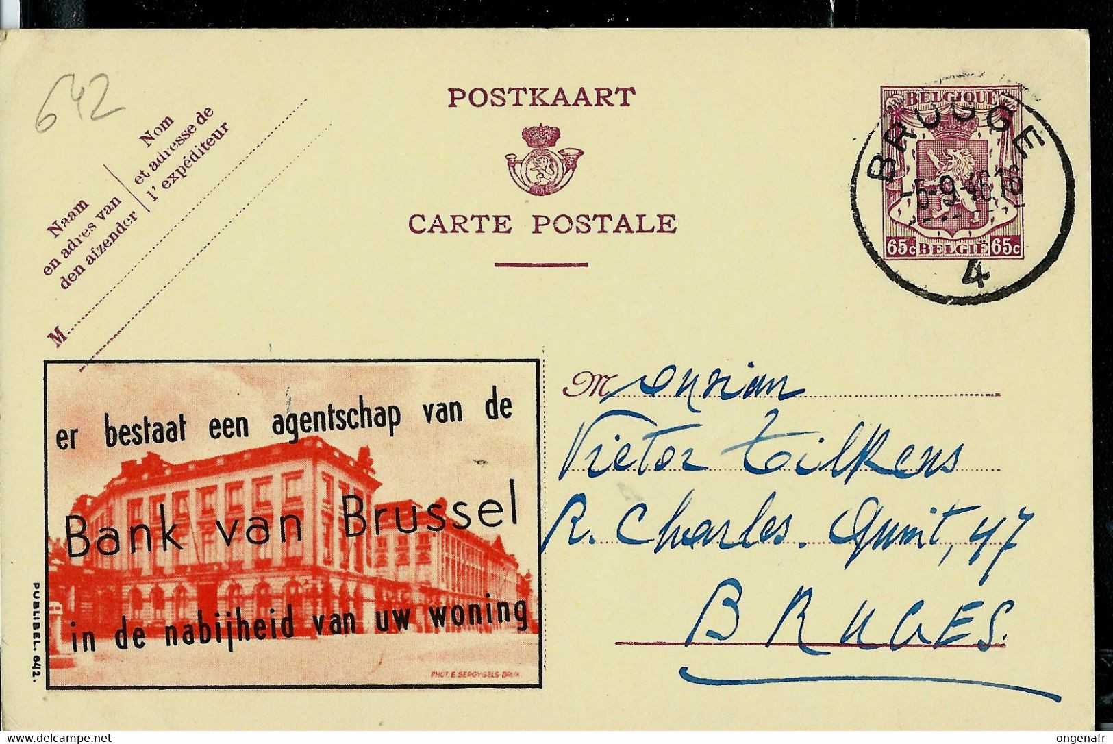 Publibel Obl. N° 642 ( Banque De Bruxelles )  Obl. BRUGGE - 4 - 05/09/46 - Werbepostkarten