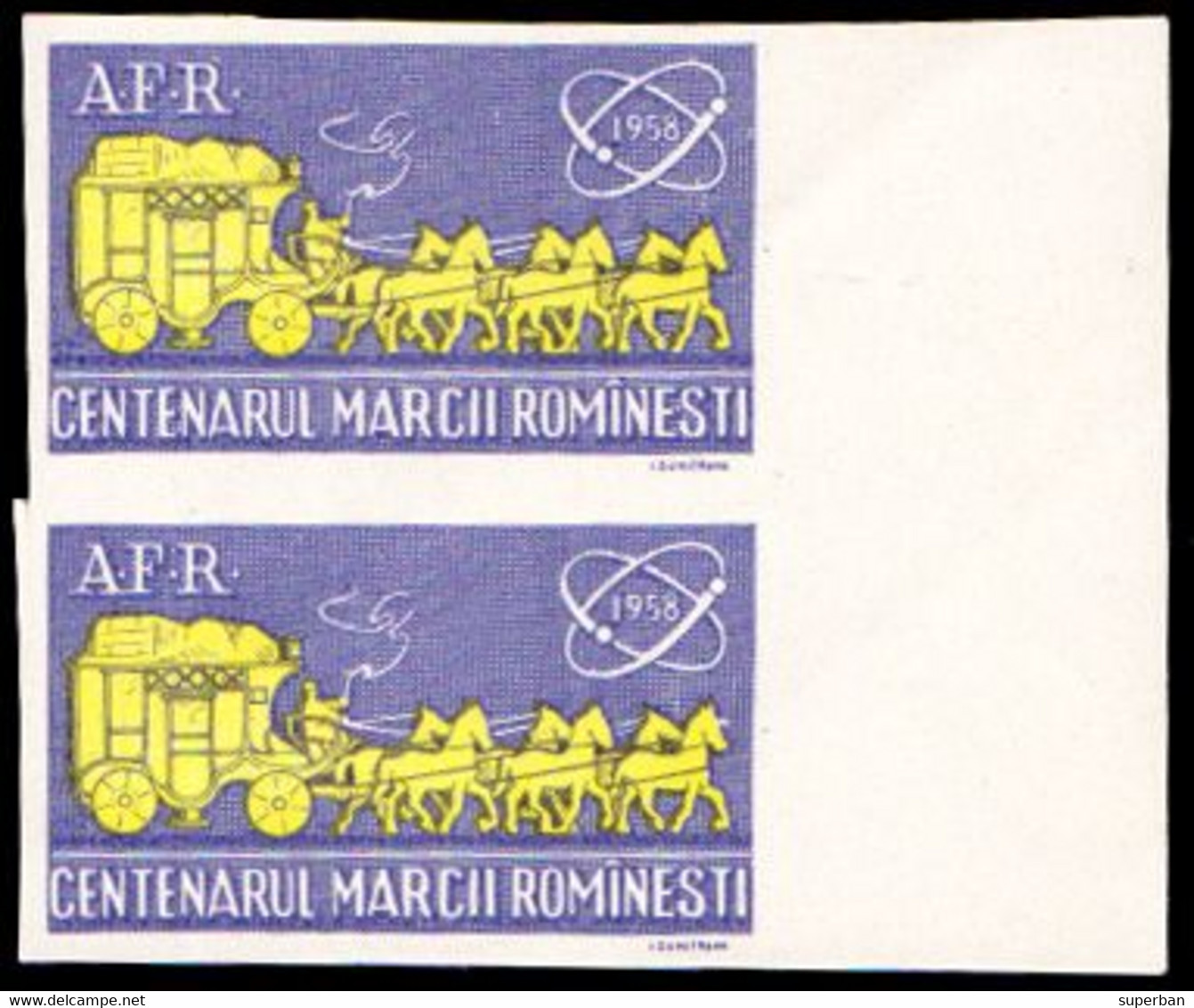 ROUMANIE / ROMANIA - VIGNETTE / CINDERELLA : CENTENARUL MARCII POSTALE - 1958 / PERECHE NEDANTELATA ! - MNH (aj649) - Fiscali