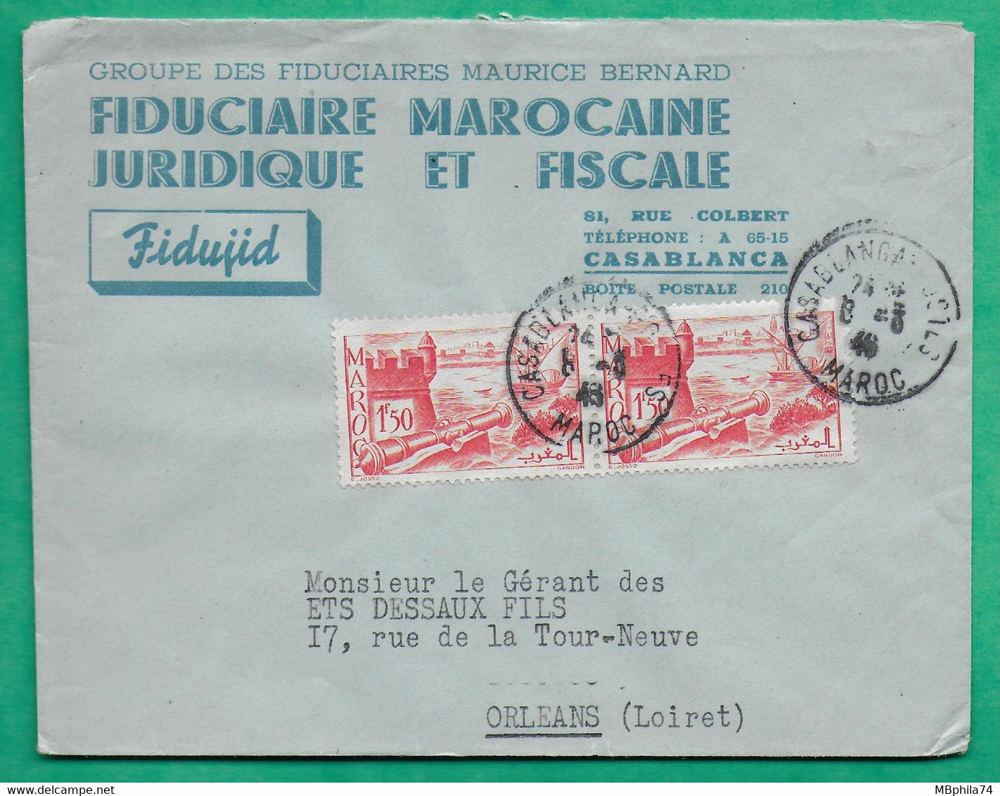 ENVELOPPE PUB FIDUCIAIRE MAROCAINE MAURICE BERNARD CASABLANCA MAROC POUR ORLEANS LOIRET 1946 LETTRE COVER FRANCE - Oblitérés