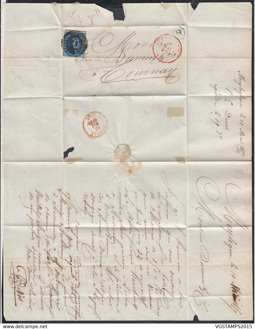 Belgique 1867 - Lettre . Boîte Murale "H". Timbre. Non Dentelé  à Destination Tournay ....(DD) DC-10875 - 1849-1865 Médaillons (Autres)