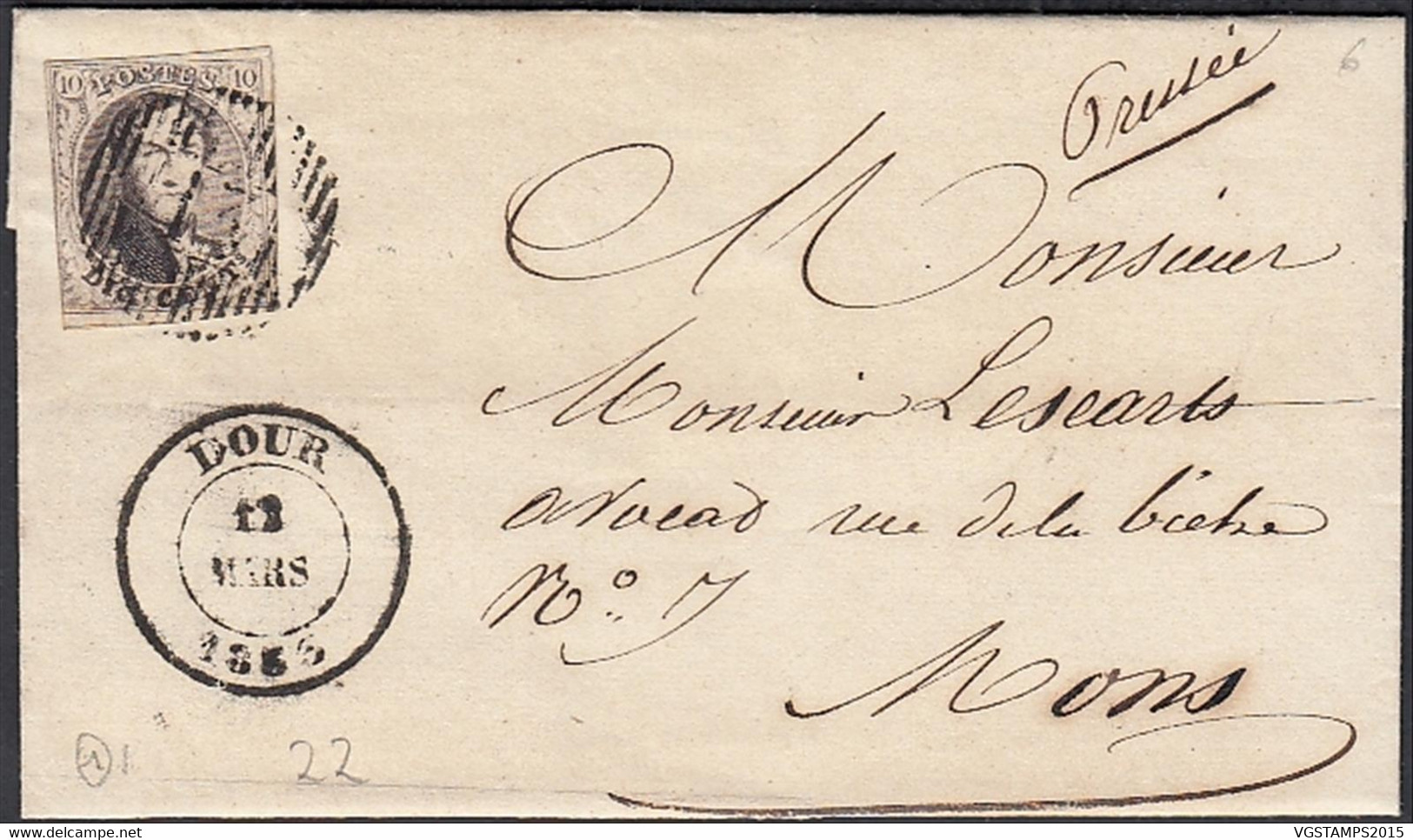 Belgique 1863 - Lettre . Cob Nr.: 6 Oblitéré D13. Non Dentelé De  Dour à Destination Mons ....(DD) DC-10879 - 1849-1865 Medaillons (Varia)