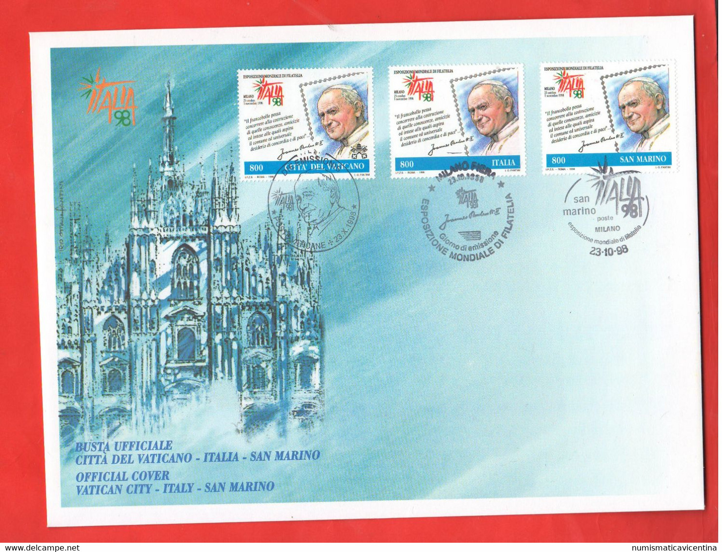 Vaticano Italia San Marino 3 Fb Da 800 Lire Wojtyla 1998 Nuovi E Usati Su Busta Numerata MAXI - Variétés & Curiosités