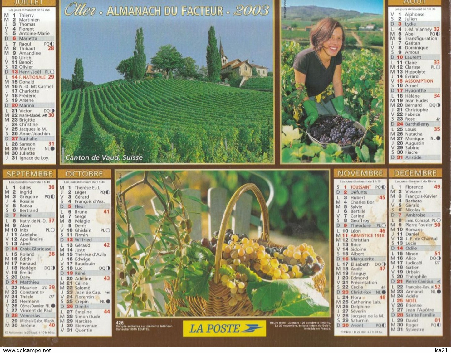 Calendrier De La Poste, Almanach Du Facteur: NORD, 2003: Champs De Lavande, Vignes, Ed. Oller - Grand Format : 2001-...