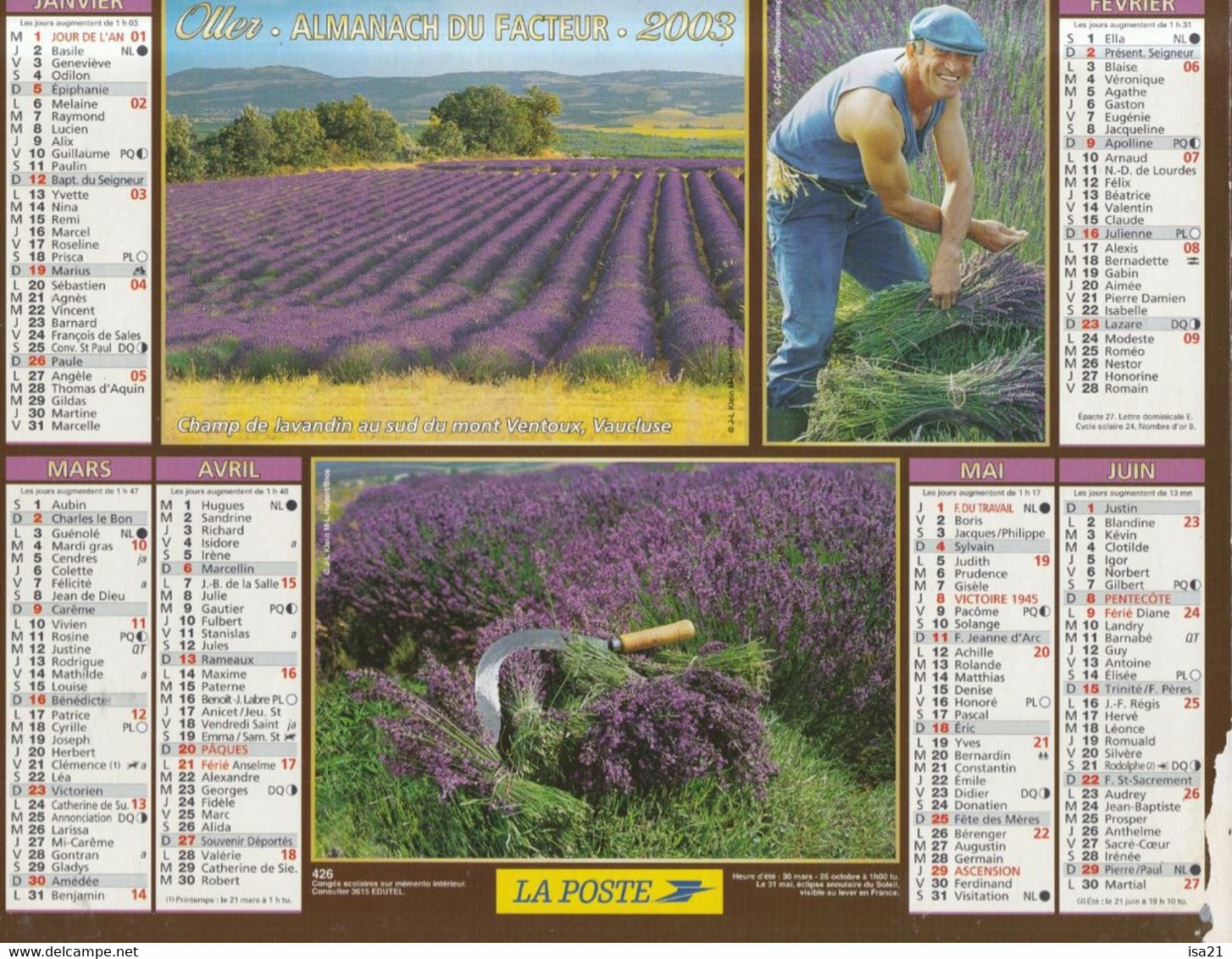 Calendrier De La Poste, Almanach Du Facteur: NORD, 2003: Champs De Lavande, Vignes, Ed. Oller - Grand Format : 2001-...