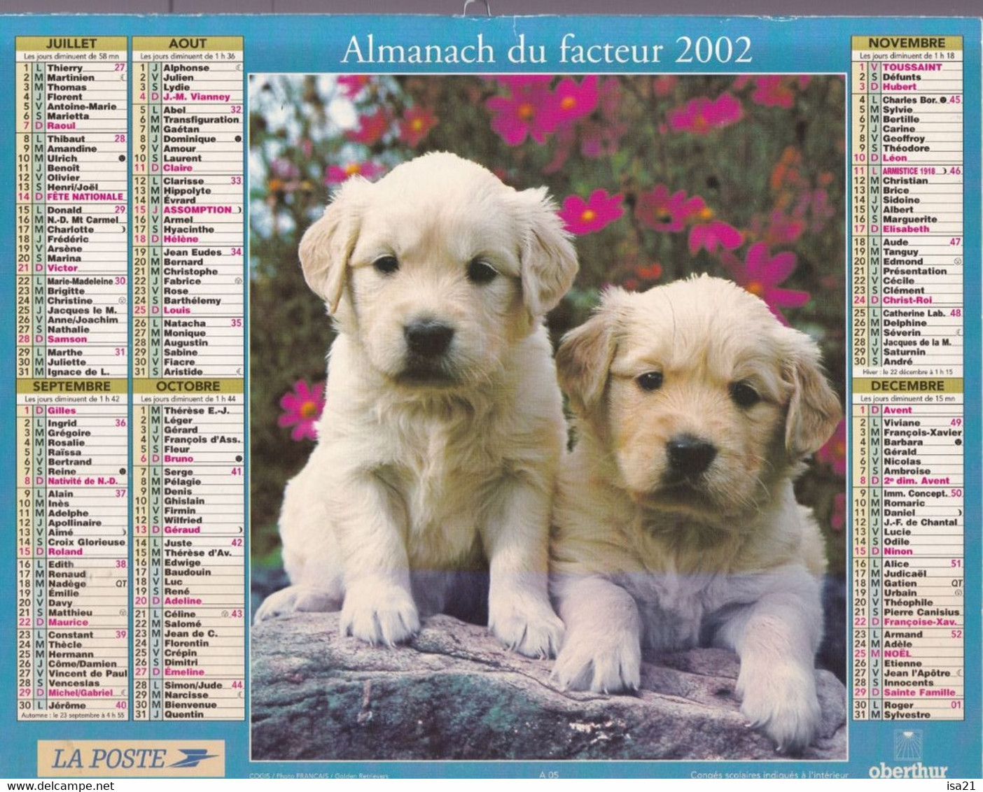 Calendrier De La Poste, Almanach Du Facteur: NORD, 2002: Chiots: Golden Retrievers, Puppies, Ed. Oberthur - Grand Format : 2001-...