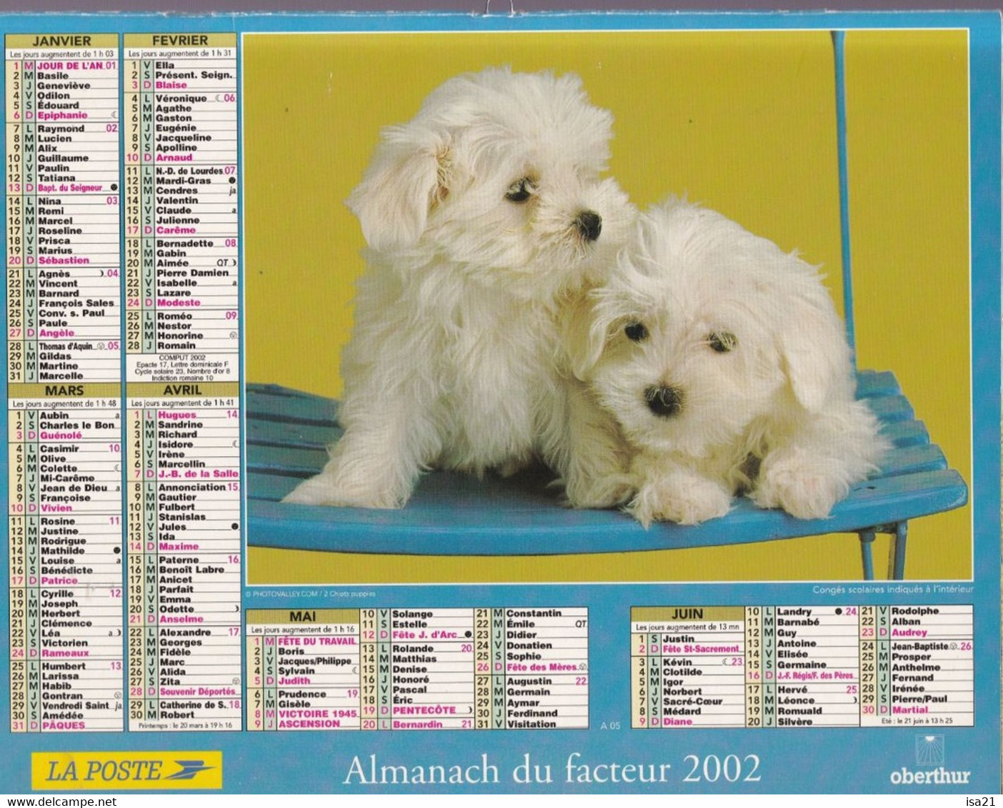 Calendrier De La Poste, Almanach Du Facteur: NORD, 2002: Chiots: Golden Retrievers, Puppies, Ed. Oberthur - Grand Format : 2001-...