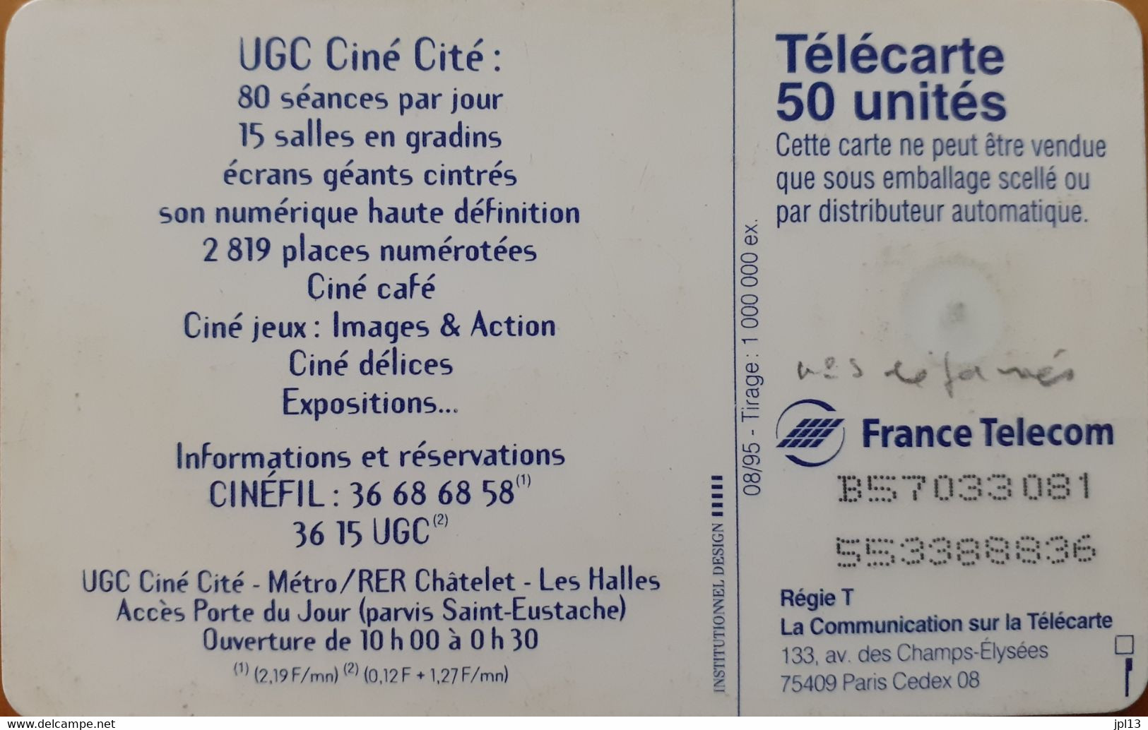 Carte à Puce - France Télécom - UGC Ciné Cité (GEM1B White/Gold), Réf. 0579B, Variété : N° Déformés - 2000