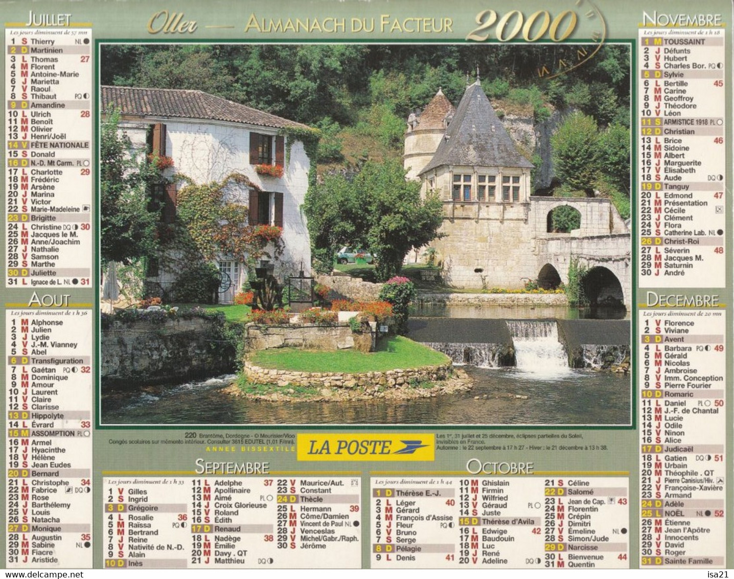 Calendrier De La Poste, Almanach Du Facteur: NORD, 2000: Brantôme (24), Chaumière De L'Eure, Ed. Oller - Grand Format : 1991-00