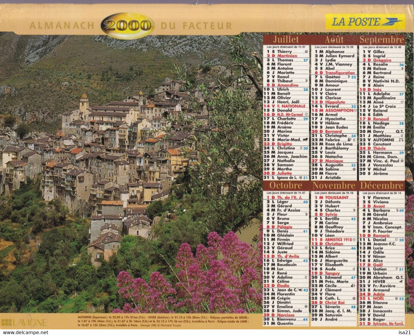 Calendrier De La Poste, Almanach Du Facteur: NORD, 2000: Paysages Méditerannéens, Ed. Lavigne - Grand Format : 1991-00