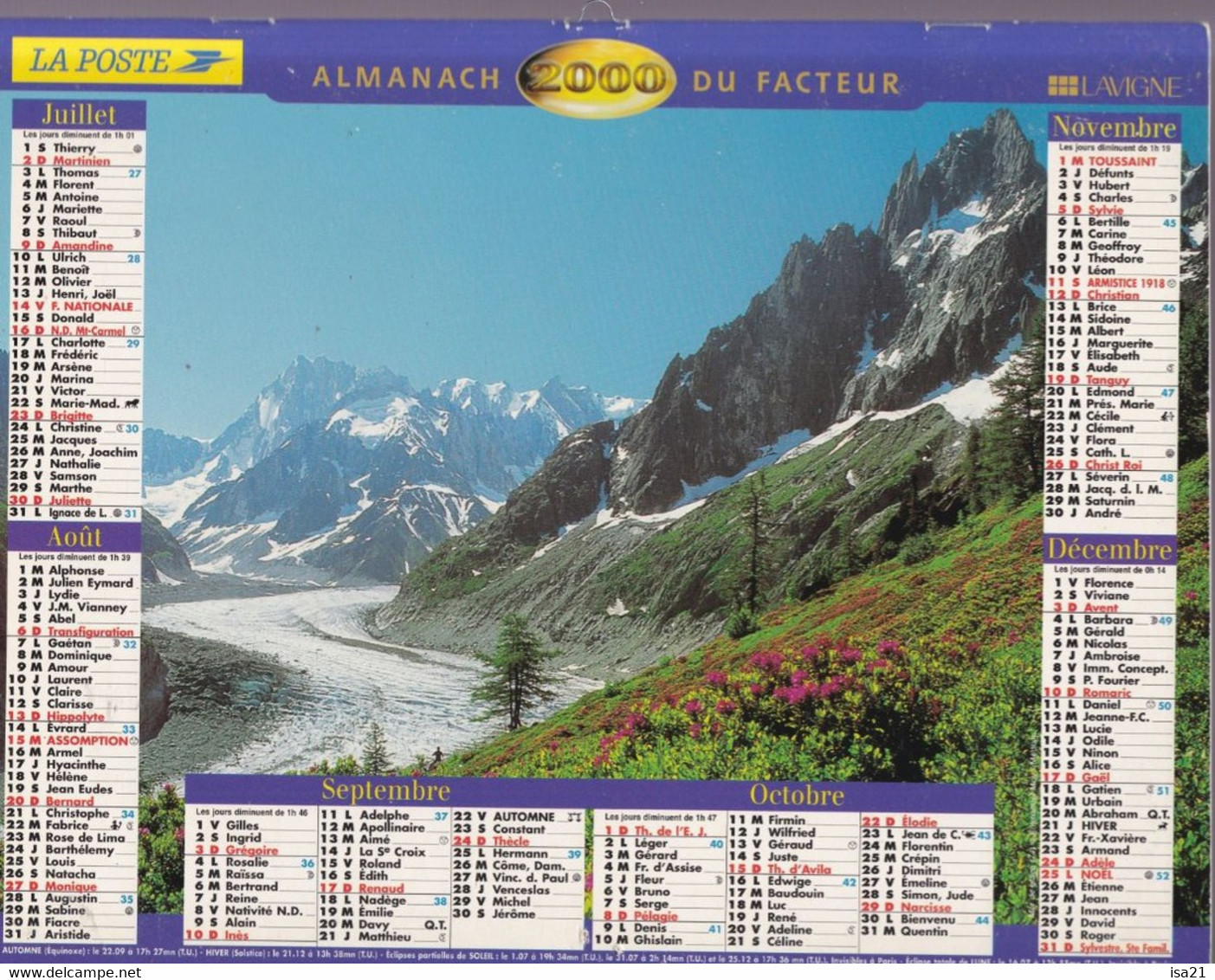 Calendrier De La Poste, Almanach Du Facteur: NORD, 2000: Mer De Glace, Paysage De Montagne, Ed. Lavigne - Grand Format : 1991-00