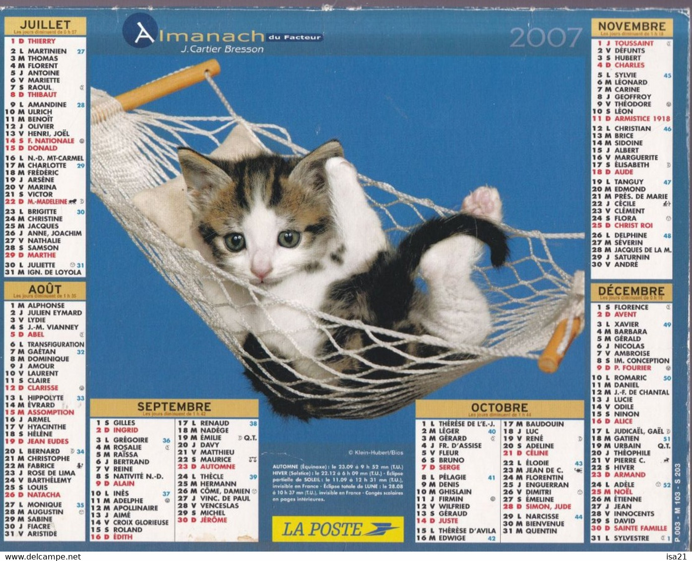 Calendrier De La Poste, Almanach Du Facteur: NORD, 2007: Chatons Au Repos, J. Cartier Bresson - Grand Format : 2001-...