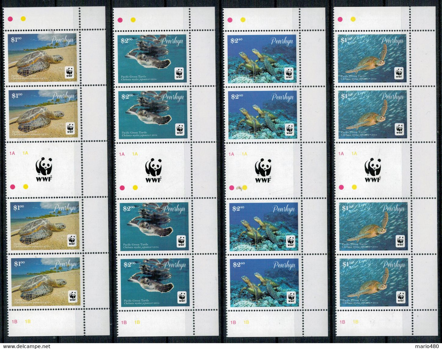 PENRHYN    2014   PACIFIC   GREEN  TURTLE          WWF      4  BLOCKS  WITH  4    STAMPS  MNH** - Penrhyn